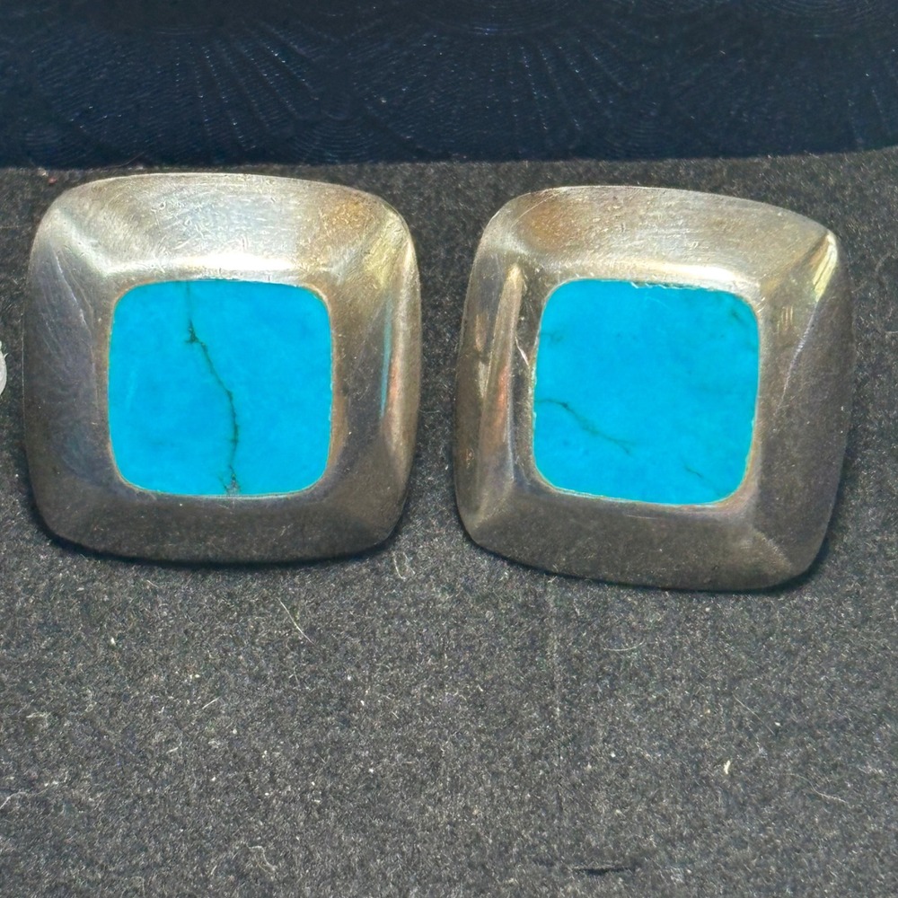 VTG Sterling Silver Square Turquoise Inlay Stud Earrings‎ 925 Southwestern Boho